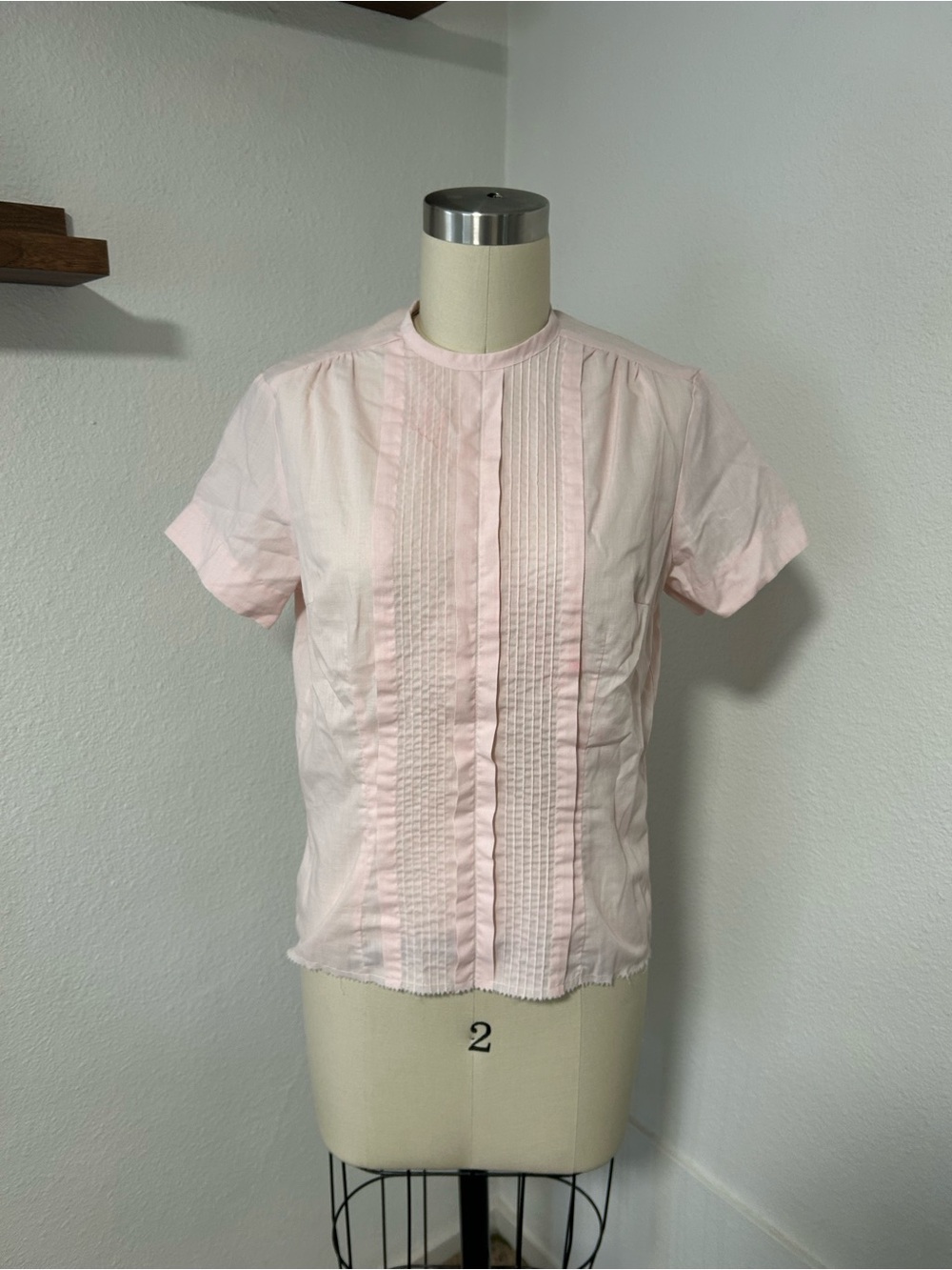 Vintage Pink Pleated Short-Sleeve Women's Blouse